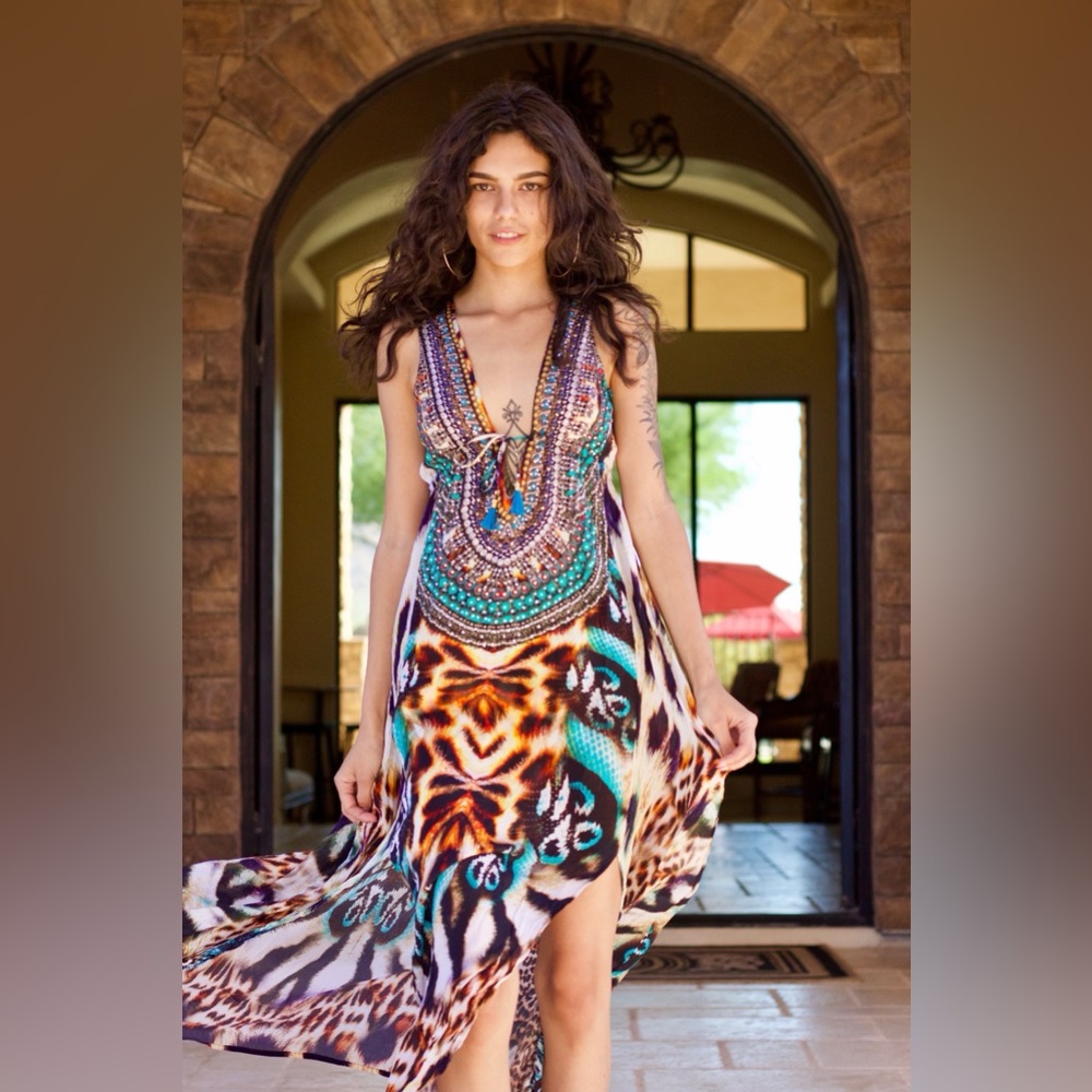 Bohemian Luxury Hand Embellished Crystal Jungle Fever Silk Maxi Dress